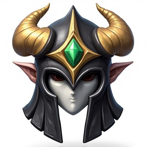 Icon designed for a mythical helmet. Features black, white, gold and green accents. Styled similarly to World of Warcraft. Size is 48 by 48 pixels. Transparent background included.