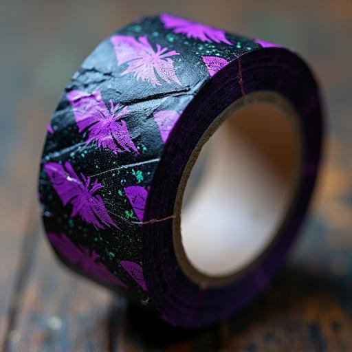 Close-up of a 1.9 inch wide duct tape roll with a matte black base and neon purple Joker-style grins. Flecks of toxic green in the adhesive resemble broken glass. The roll is tightly wound with slightly frayed edges and bound by copper electrical wire. Tape gleams under harsh lighting. No text or background. Style is hyper-detailed and grungy.