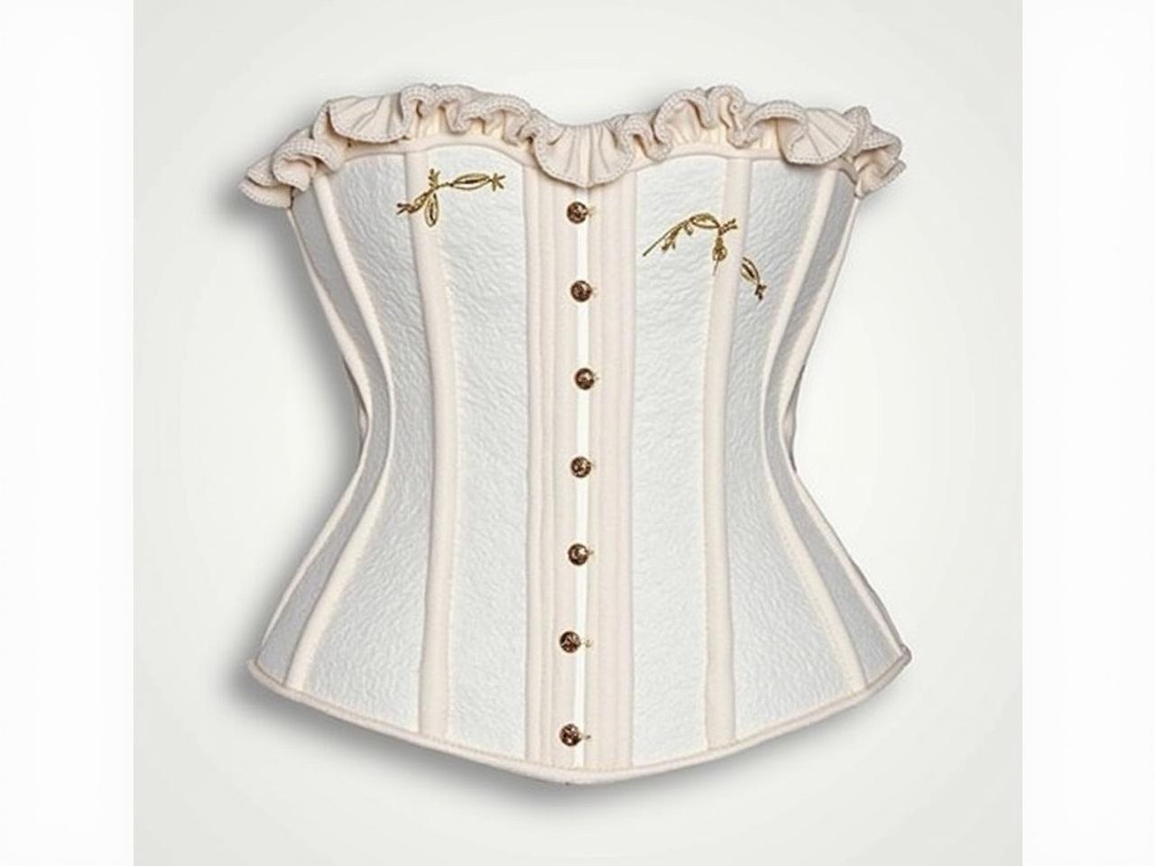 This image features a unique and intricate white corset designed for fashion. The corset has a textured surface, giving it a distinct look, likely made of a plush or fabric that resembles lace. It has decorative embellishments, including buttons down the front and stylish ruffled edges on the shoulders and bust line. The corset is lined and structured, designed to fit closely around the waist, accentuating the body's shape. The design appears to blend vintage and modern elements, making it a standout piece for a formal or creative outfit.