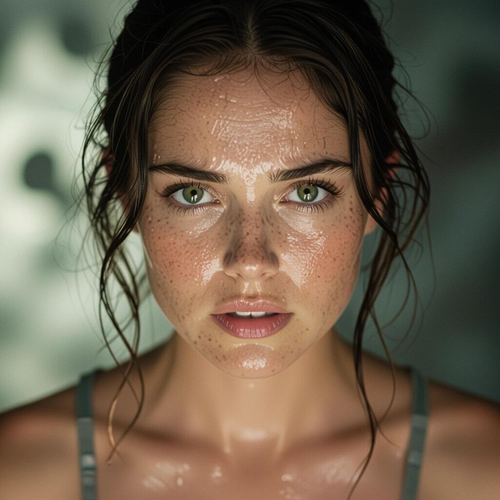 Close-up of a woman's face showing dampness and intense expression. Eyes are wide and focused. Rim lighting highlights her features. Background is blurred with organic shapes.