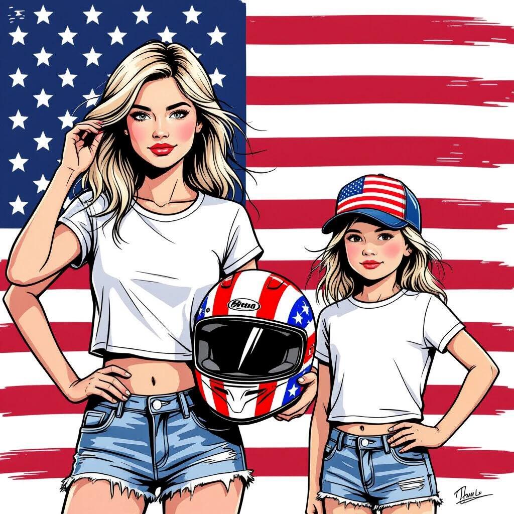 Two girls stand together at the beach. One girl brushes her hair. She holds a motorcycle helmet. The helmet has an American flag design. The younger girl wears a baseball cap with an American flag. Both wear cropped T-shirts and frayed jeans. They have platinum blonde hair. A red, white, and blue background displays the American flag.