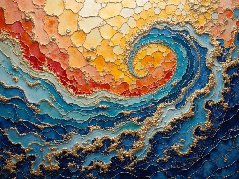 Masterpiece featuring a 3D iridescent ceramic tile and glass mosaic. Ethereal and abstract design created using encaustic mixed media. Captivating wave patterns with melting liquid gold details.