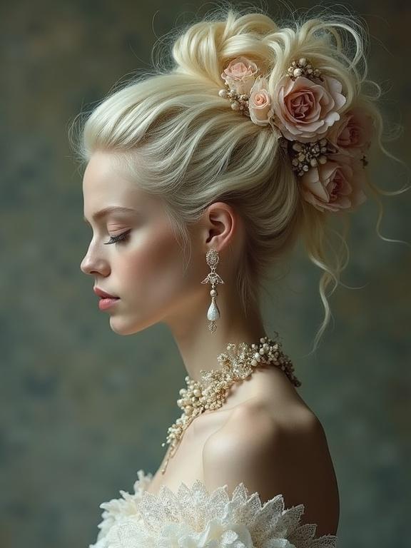 Hairstyle is styled intricately with roses and pearls. The woman has a timeless and ethereal appearance. Focus on hair and accessories.
