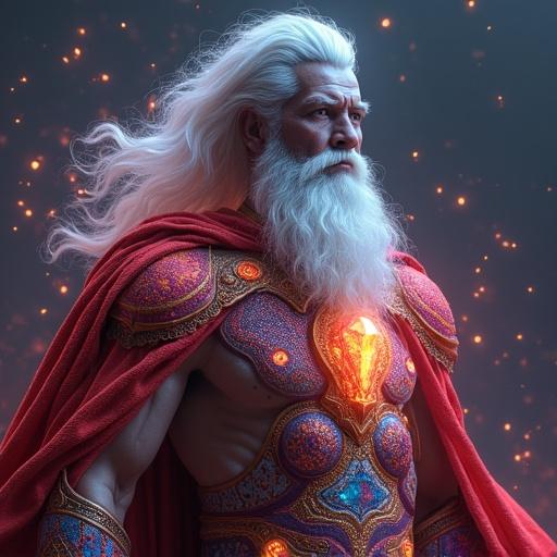 Artistic depiction of a cosmic god featuring armor made of rainbow crystal gems, adorned with a red batik fabric texture. The character has white porcelain skin and an imposing muscular physique, surrounded by a misty dark background with a cinematic touch.