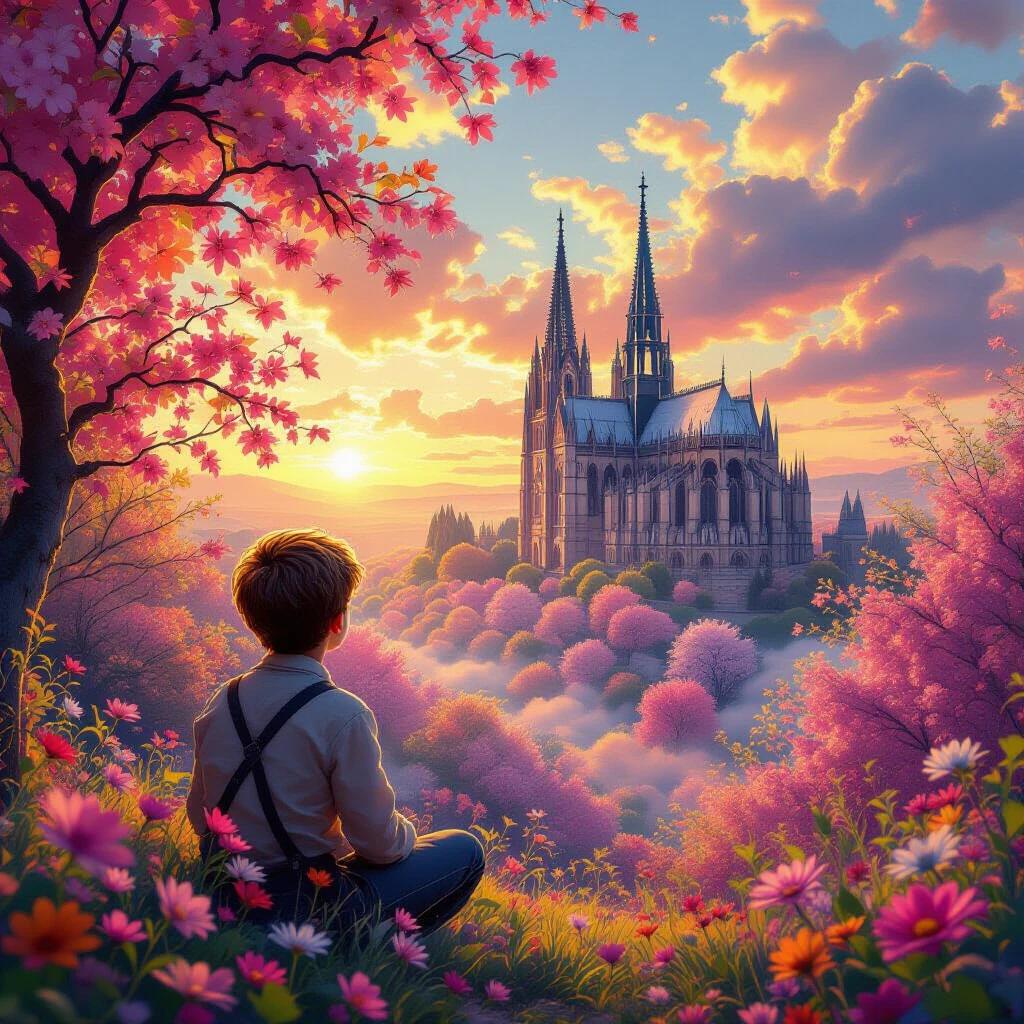 A surreal scene features a boy gazing at a cathedral surrounded by blossom trees. The setting is during an ethereal sunset. Vibrant colors fill the landscape. A dreamy atmosphere is emphasized.