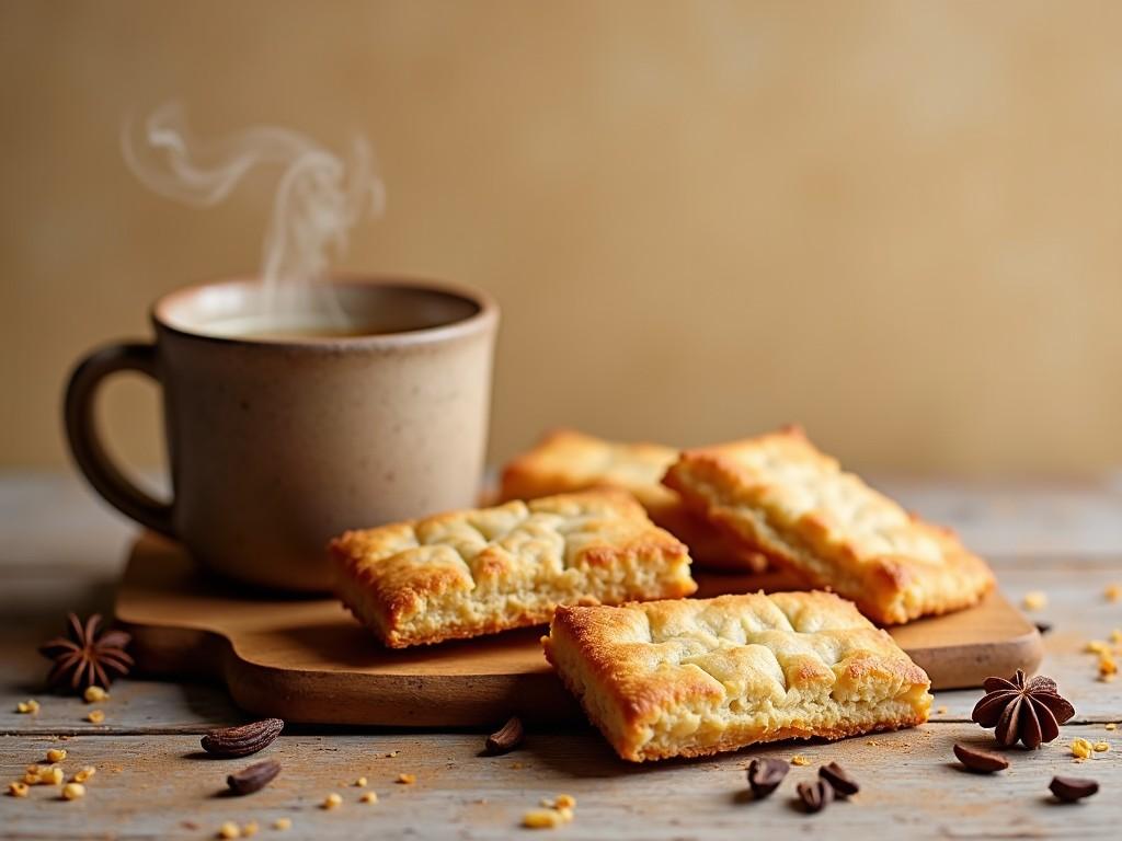 A cup of steaming hot coffee along with flaky pastries on a wooden board, creating a cozy and warm atmosphere, surrounded by spices.