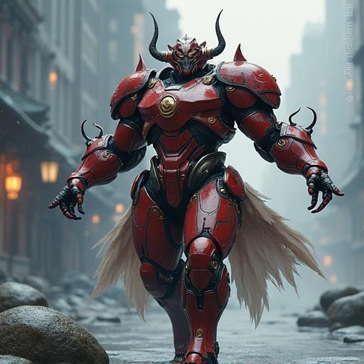 A cinematic photo depicting an armored figure in a tense atmosphere. The figure is in a spaceship bridge, illuminated by red alert screens. AI interface glows while warnings flash. The environment is rich in detail and realism.