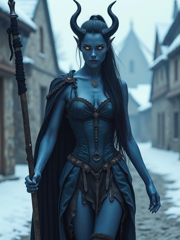 A strong beautiful devil woman walks through a snowy medieval village. She has a long black ponytail and curled black horns. Her skin is a brilliant blue. She wears a sleeveless corset dress with a split skirt over traveling boots. A heavy black cape hangs over her back and shoulders. She carries a long lance wrapped in black cloth. The scene is atmospheric with a soft fog and depth of field.