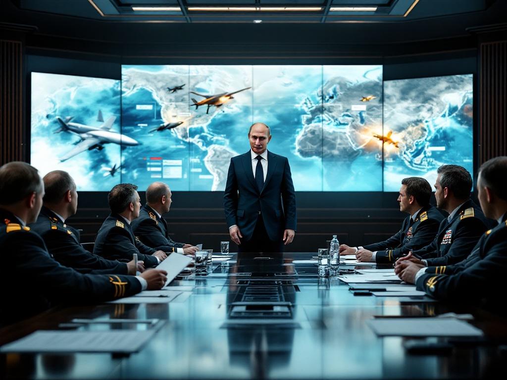 Vladimir Putin stands in Kremlin's strategy room. Military leaders sit around the table. Analyzing Russian Ukraine Strategy up to 2050. Maps and future attack projections on screens. Naval dominance planning for peacetime and wartime.