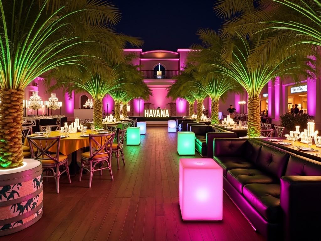 This image captures a lavish event space styled with tropical themes. Artificial palm trees, each adorned with colorful lights, create a vibrant atmosphere. Cocktail tables covered in green linens are artfully arranged around the space. A striking display of light-up letters spells 'HAVANA', adding a focal point for guests. Black leather furniture contrasts elegantly with fuchsia and yellow linens, enhancing the festive vibe. Additional elements like whiskey barrels and giant cigar props contribute to the theme, making it perfect for celebrations.