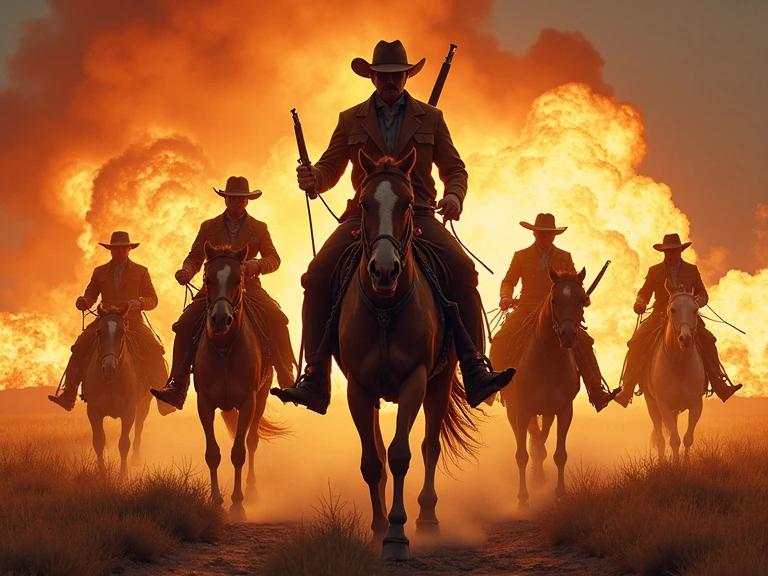 A group of cowboys on horseback rides toward the viewer. The background features a large explosion. Dynamic action scene. Dramatic lighting enhances the mood.