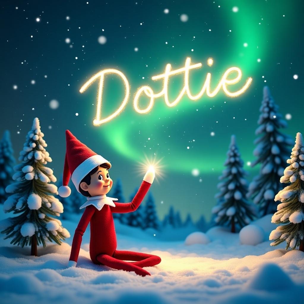 This image features a charming elf on the shelf sitting in a snowy landscape. The elf, in a red outfit with a pointed hat, is joyfully writing the name 'Dottie' in the sky using a magical light. Above, the vibrant northern lights illuminate the scene with shades of green. Surrounding the elf are snow-covered pine trees, enhancing the wintry charm. The composition captures the essence of Christmas wonder and childhood imagination, inviting viewers into a magical moment.