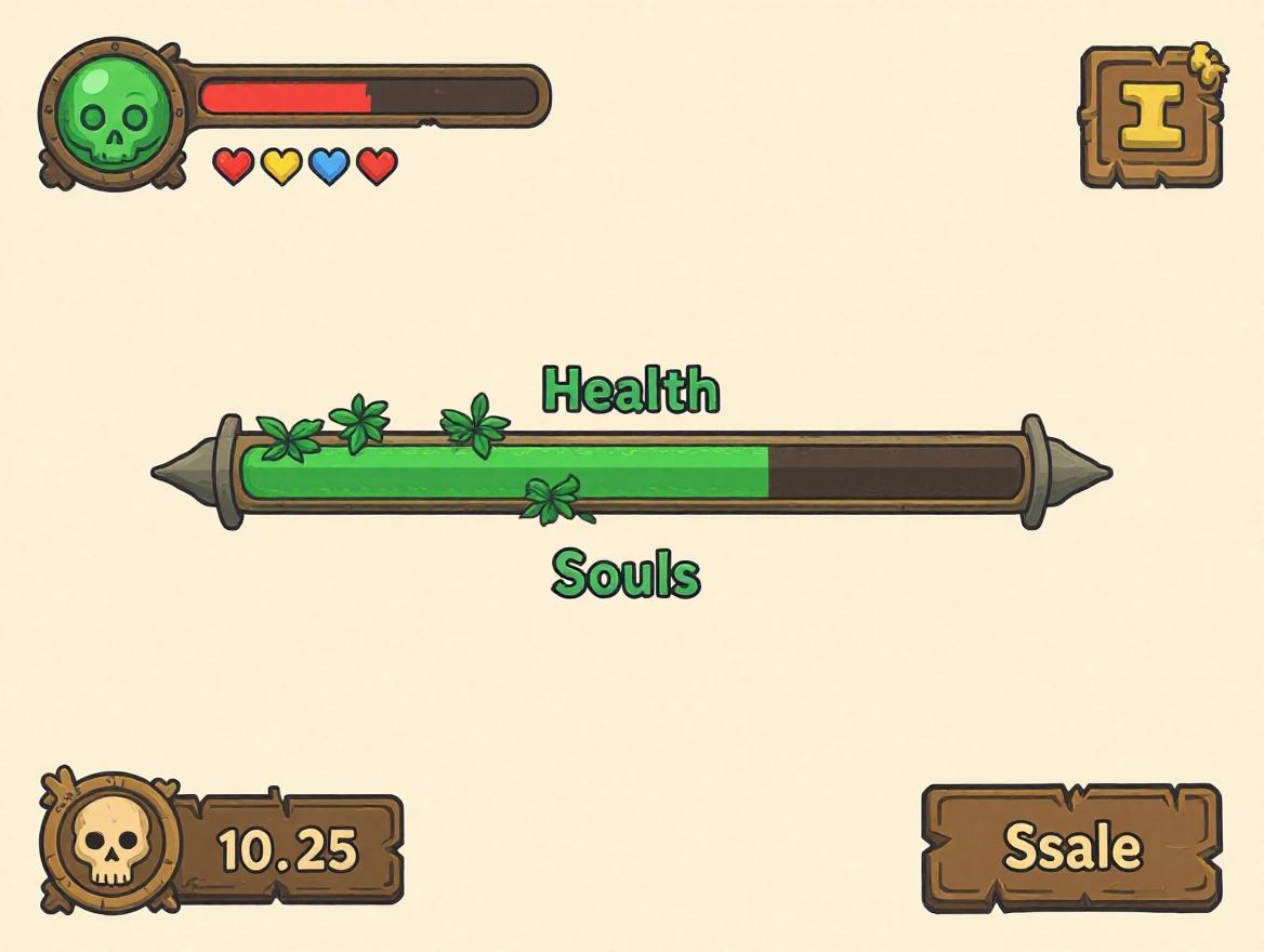 Design a user interface for a health bar in a souls-like game. The health bar is green and shows current health state. Include a souls meter. Use a playful style with vibrant colors.