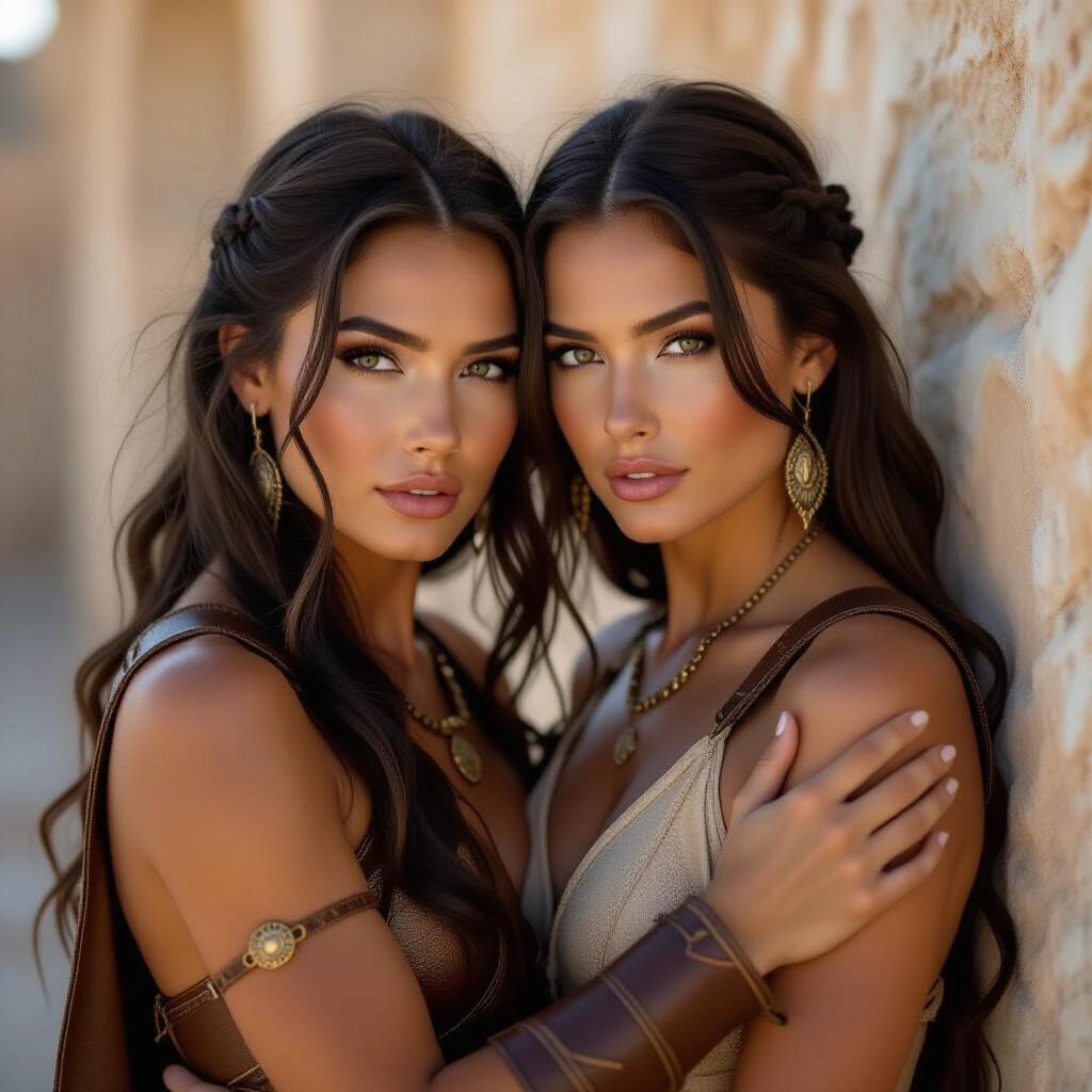 Clothing inspired by fantasy warrior themes. Two women embrace closely. They have alabaster skin and a warm, tan complexion. Each wears intricate bronze accessories. The background is softly blurred.