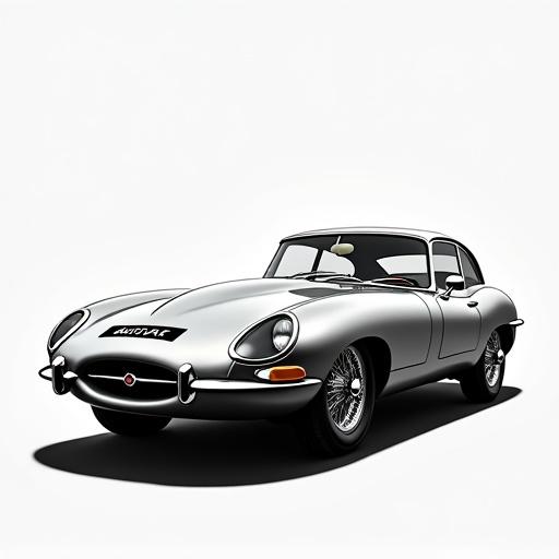 Stylized depiction of a silver Jaguar E-Type. Car shown in a dynamic sporty design. Simple background enhances visibility.