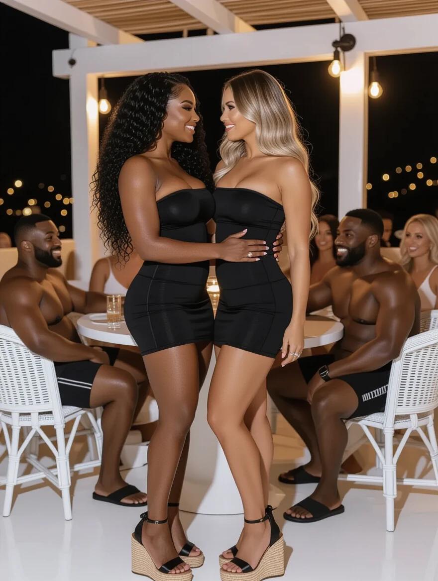 Two women of different skin tones embrace in black bandage dresses. They have long black curly hair and long blonde wavy hair. The background shows a vibrant nightclub scene with people seated at a table. The atmosphere is lively and festive at night.