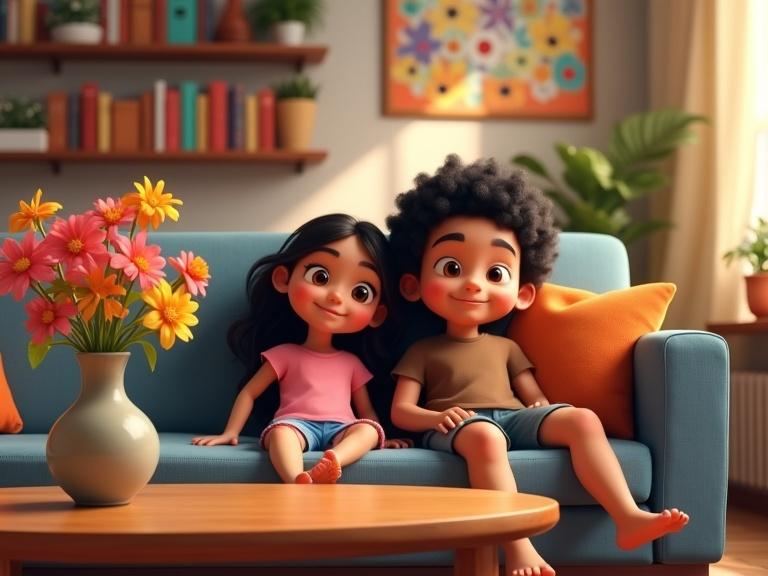 Two animated kids Luna and Leo sit on a gray couch in a cozy living room. The room is filled with colorful artwork on walls and books on shelves. Sunlight brightens the space. A vase of flowers rests on a wooden table. Kids appear relaxed and playful.