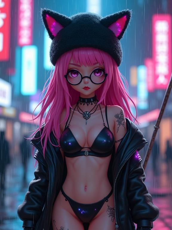 A female warrior with pink hair and black cat ear winter hat. Wearing off-shoulder leather jacket and bikini mix. Gothic boots with fishnets in a rainy futuristic cityscape. Long hair with red tips, round glasses, and black nails. Cybernetic tattoos on leg, glowing glaive. Flirty pose with tongue out, showing decolletage and full body.