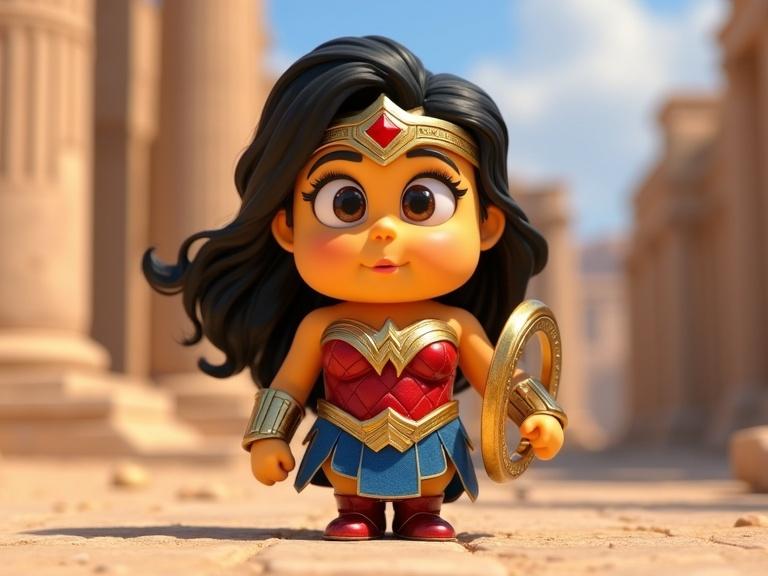 A cute minion, Wonder Woman outfit, red and gold armor, tiara, glowing Lasso of Truth by her side, striking heroic pose, ancient Greek ruins backdrop, Pixar-style 3D rendering.