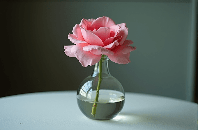 A single pink rose with lush petals sits in a small clear vase on a light surface.