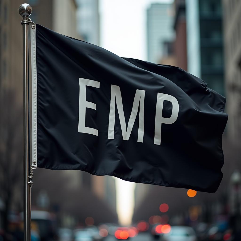 A black flag with the letters 'EMP' waving on a pole in a city street background with blurred lights and buildings.