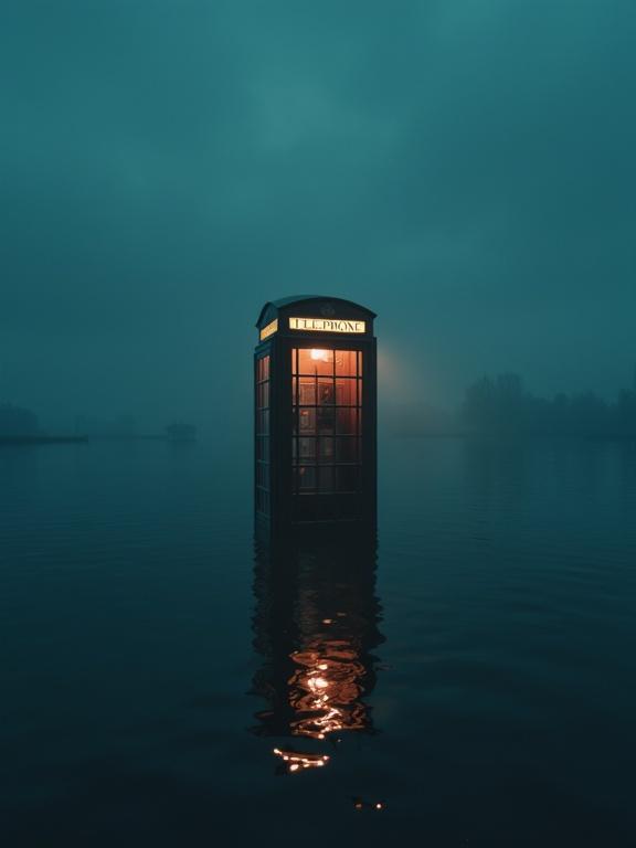 A surreal, eerie scene depicting a telephone booth partially submerged in water at night. Booth illuminated by soft light. Reflection shimmering on water. Dark and foggy sky enhances eerie atmosphere. Muted colors with hints of blue and orange. Surreal feel created by stillness of water.