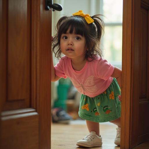 A lively image of a little girl around six years old peeking from behind a door. She radiates gentle energy and playful intrigue. Heart-shaped face with flawless porcelain skin. Dark brown hair in loose waves with a yellow satin hairbow. Wearing a pink T-shirt with a butterfly print and a green dinosaur skirt. Home entryway setting with soft lighting.