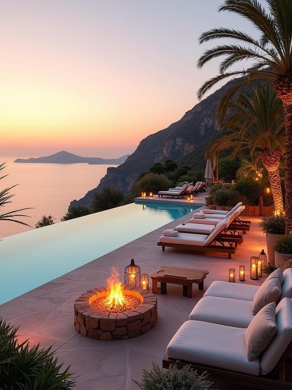Elegantly designed outdoor space with stunning sea view. Infinity pool with clear water reflects sunset sky. Circular fire pit with a warm fire surrounded by stone. Comfortable lounge chairs with neutral cushions. Lush greenery and palm trees enhance the atmosphere. Warm lights from lanterns and candles create inviting ambiance.