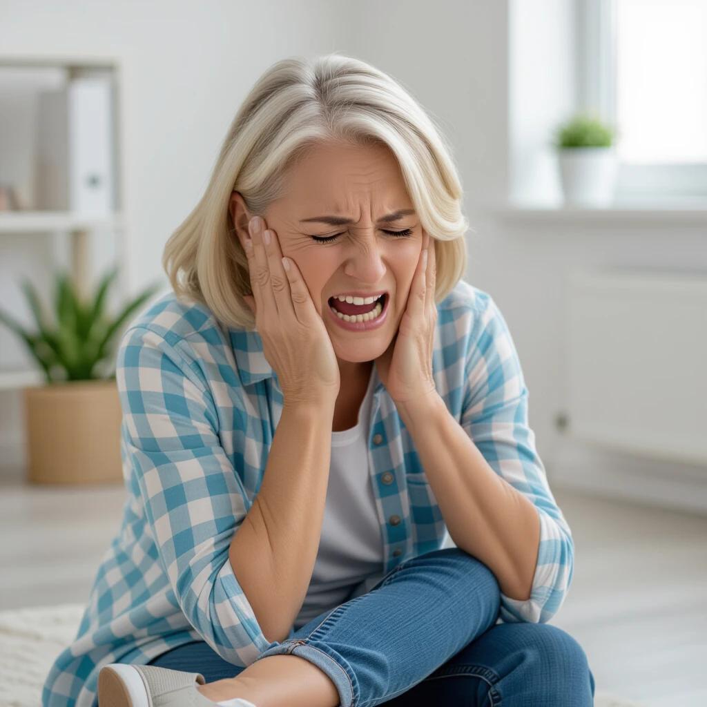 A 50+ year old white woman expresses discomfort and pain. She holds her face in her hands due to issues related to uncomfortable shoes. Her body language indicates distress and frustration. The setting is bright and airy with plants visible in the background.