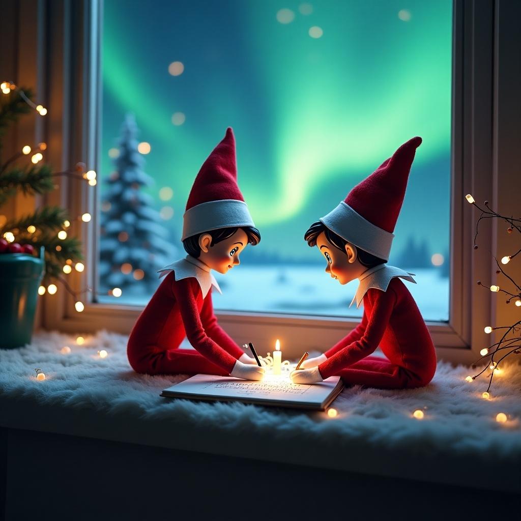 The image features two charming elves sitting on a windowsill, eagerly writing a letter. They are dressed in vibrant red outfits with pointy hats, embodying the spirit of Christmas. The backdrop showcases enchanting northern lights illuminating a snowy landscape outside. The warm glow from twinkling fairy lights adds a cozy feel to the scene. This whimsical illustration captures the excitement of holiday preparations and the magic of Santa's visits to children. It's a delightful representation of festive joy and anticipation for Christmas.