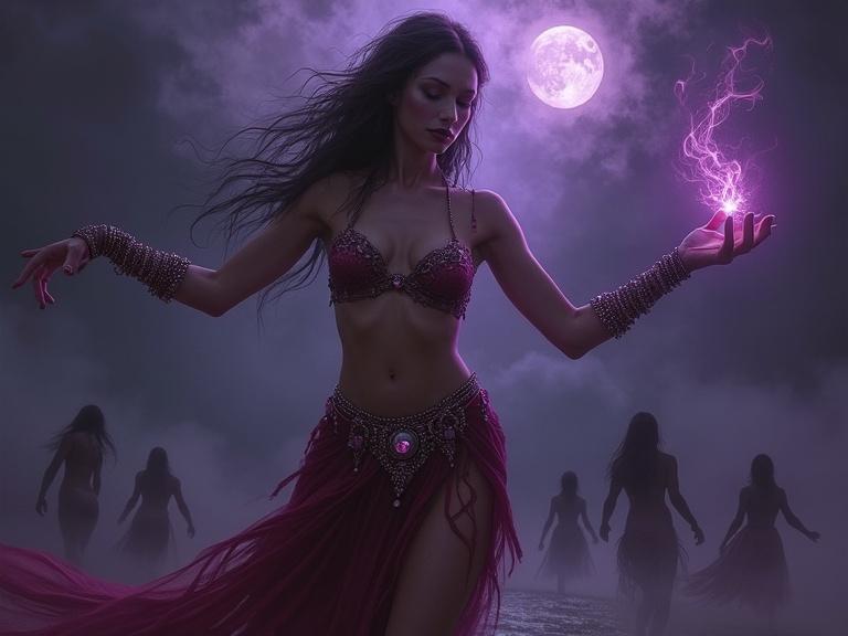 A powerful dark sorceress casting a spell in swirling mist. She wears a jeweled bikini top and a tattered red skirt. Dark human forms are in the background. A small full moon is in the sky.