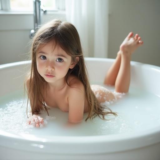 A thin 7-year-old girl lying on her stomach bathing in the tub. She is looking over her shoulder at the camera. The scene captures a peaceful moment with bubbles in the water. The bathtub is white with a minimalist design. Natural light brightens the setting.