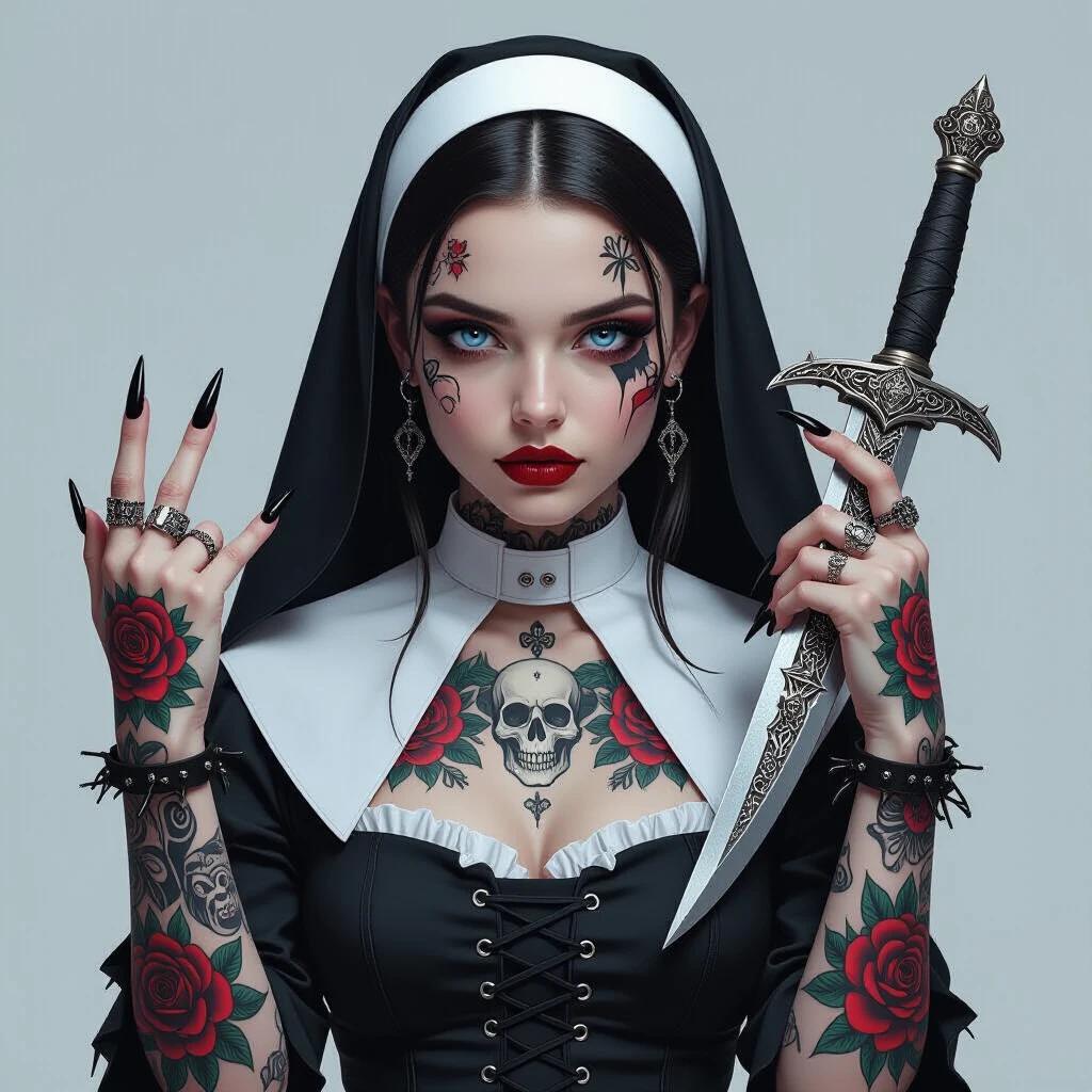 A high-resolution portrait of a gothic woman in a torn nun habit. Detailed tattoos of roses and skulls adorn her skin. She holds a sharp gothic dagger and makes a metal rock sign with her hand. Piercing blue eyes are visible. The background is dark gray with soft shadows.