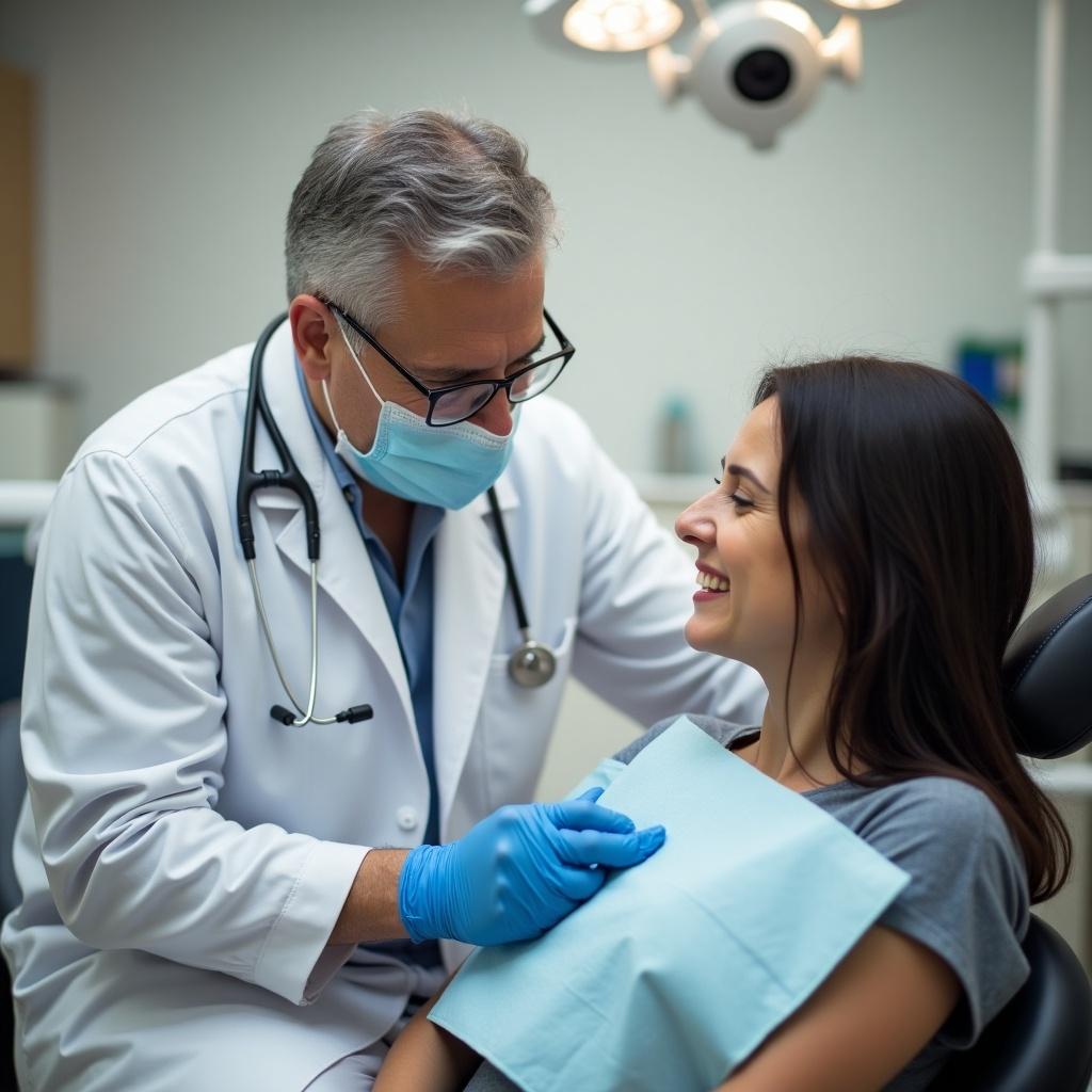 A dental doctor interacting with a patient in a clinical environment. The doctor is wearing gloves and has a stethoscope around their neck. The patient is seated in a dental chair, looking at the doctor.