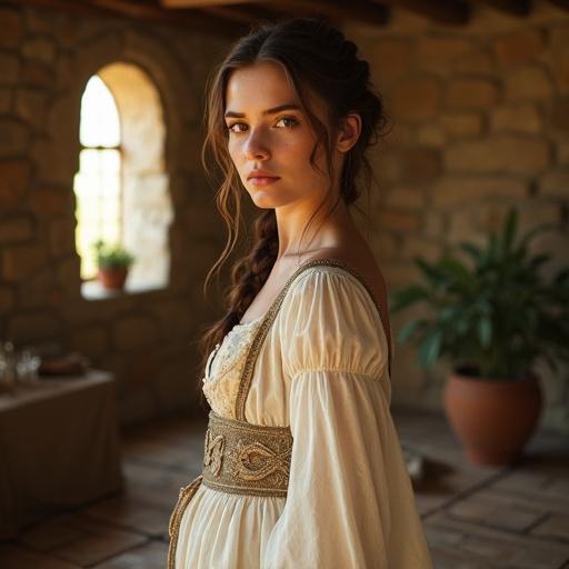 Young woman dressed in an elegant medieval gown stands in a rustic stone cottage. The gown is made of semi-sheer layers with a fitted bodice. Warm, almond-shaped brown eyes express kindness. Long, gently swaying skirt drapes gracefully. She is framed by delicate leather shoes peeking beneath the hem. Ambient light creates an inviting atmosphere.
