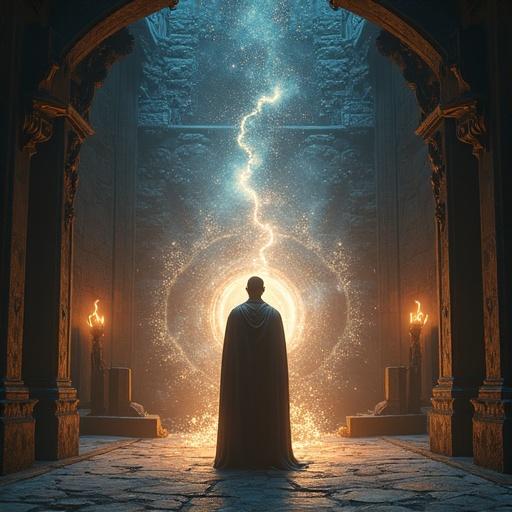 A dimly lit chamber with ancient stone and flickering torches. A human figure stands in the center. He activates a shimmering portal. One side shows knights and castles. The other side shows stars and galaxies. The expression is calm and focused. The portal pulses with energy, bridging two worlds.