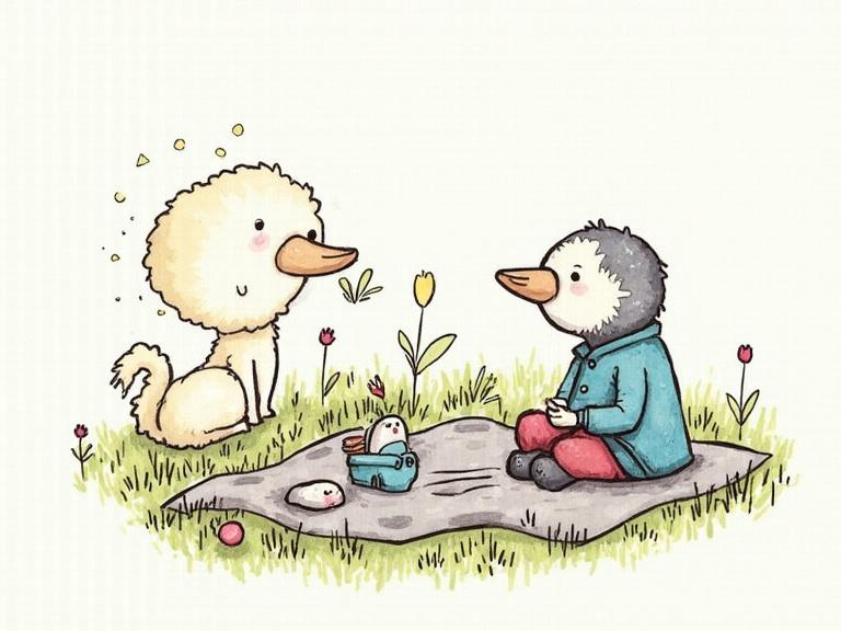 A cute animal illustration featuring a dog and a boy having a picnic. The scene is set in a grassy area with flowers.