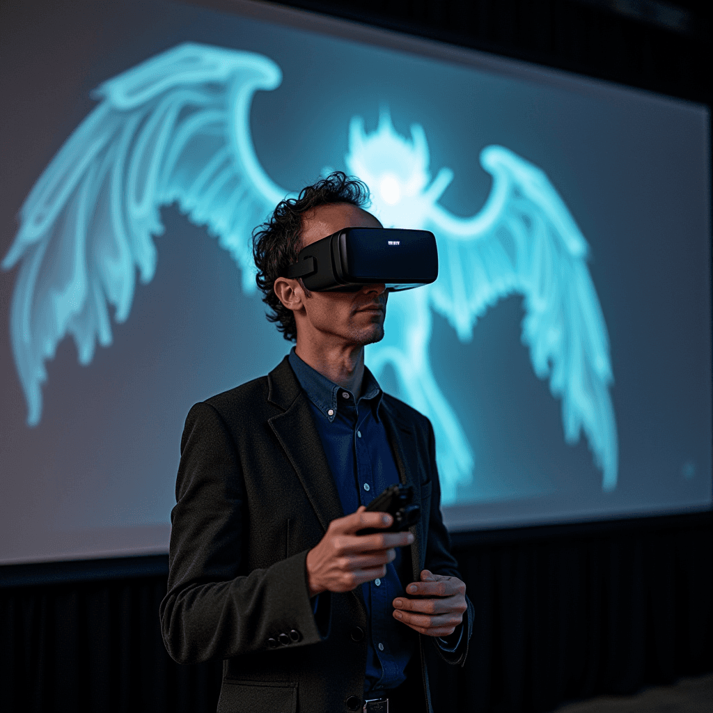 A person wearing a VR headset stands in front of a glowing, winged digital display.