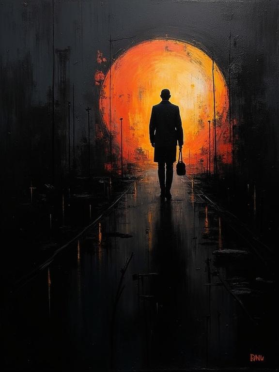 Digital abstract expressionist oil painting with black background. Harsh visible paint strokes create cubist and unfinished elements. Flat colors combine with dynamic silhouette of a man. Minimalist style with long shadows and voids.