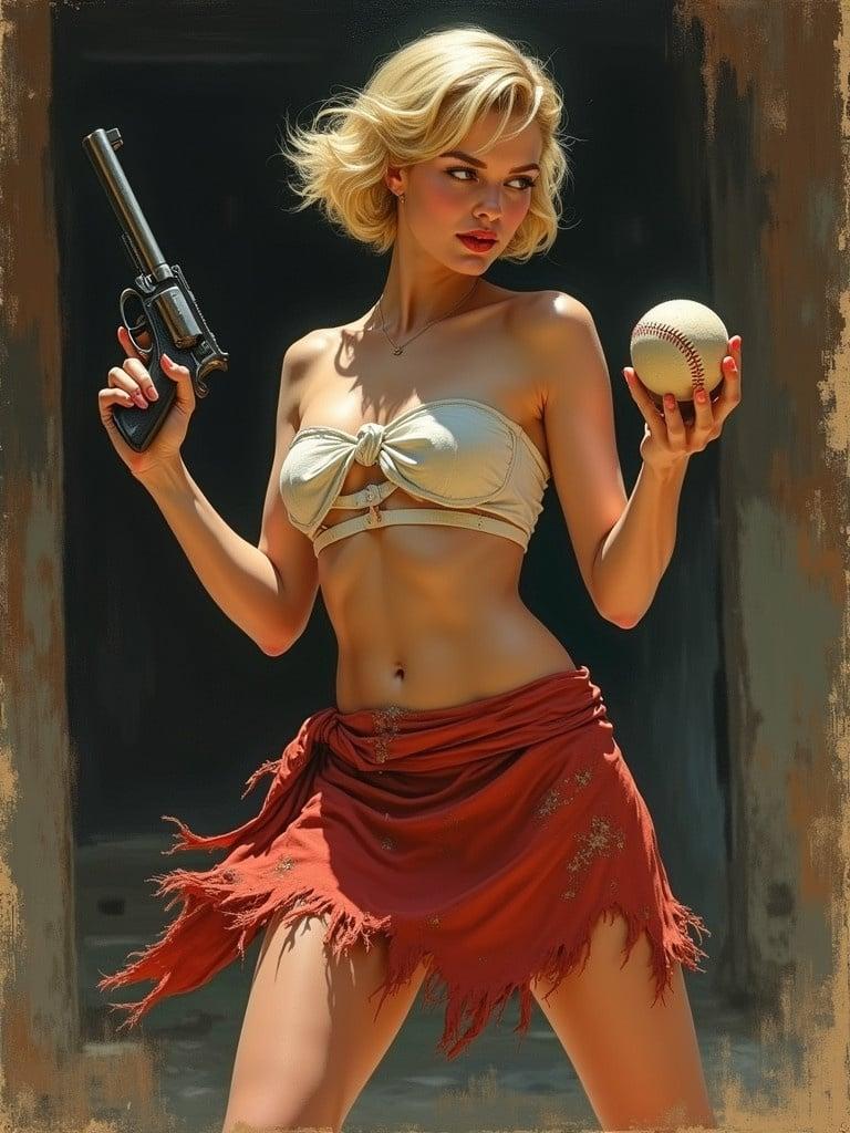 A blonde woman in a confident pose holding a pistol and worn baseball. Wearing a tattered red skirt and a beige top. Scene reminiscent of 1940s pulp art, featured in oil painting medium. Background is shadowy and adventurous. Title 'Sally the Sleuth' in bold lettering.