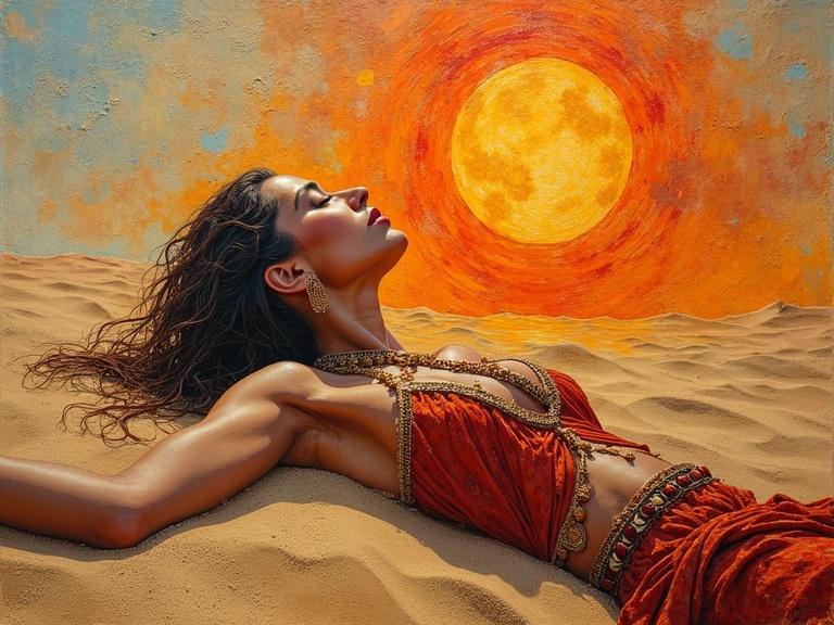 A woman lies in the sand under an orange sun. She has a desperate expression and is adorned with jewelry. The background features a vivid fiery sky. The composition is dynamic with a focus on color and texture.
