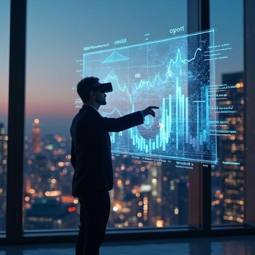 Professional presenting financial pitch deck using AR glasses. Immersive 3D data visualizations are floating in mid-air. Skyscraper windows show a city at dusk.