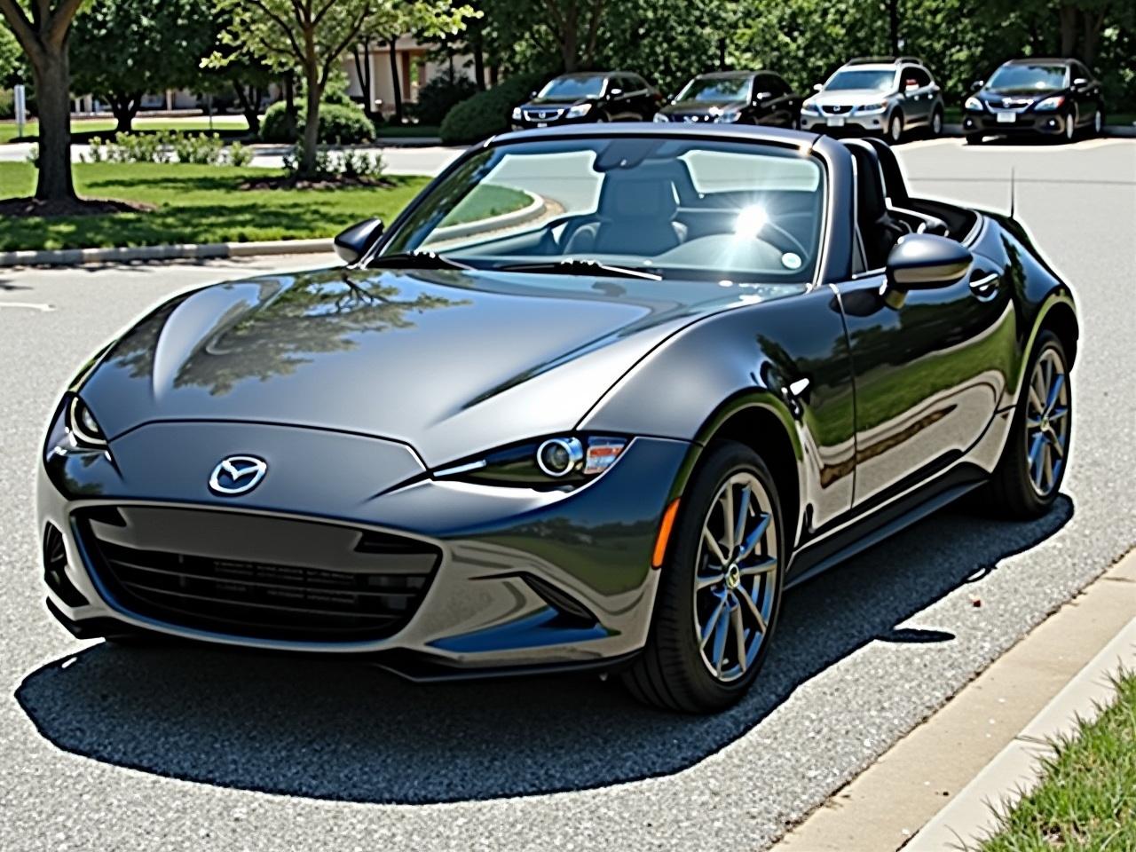 The image shows a sleek, modern car parked in a lot. The car is a dark shade of gray, reflecting sunlight on its polished surface. It has a sporty design with a prominent grille featuring the Mazda emblem. The surroundings include a grassy area with trees and some buildings in the background. There are other vehicles visible, and the overall atmosphere seems calm and sunny.