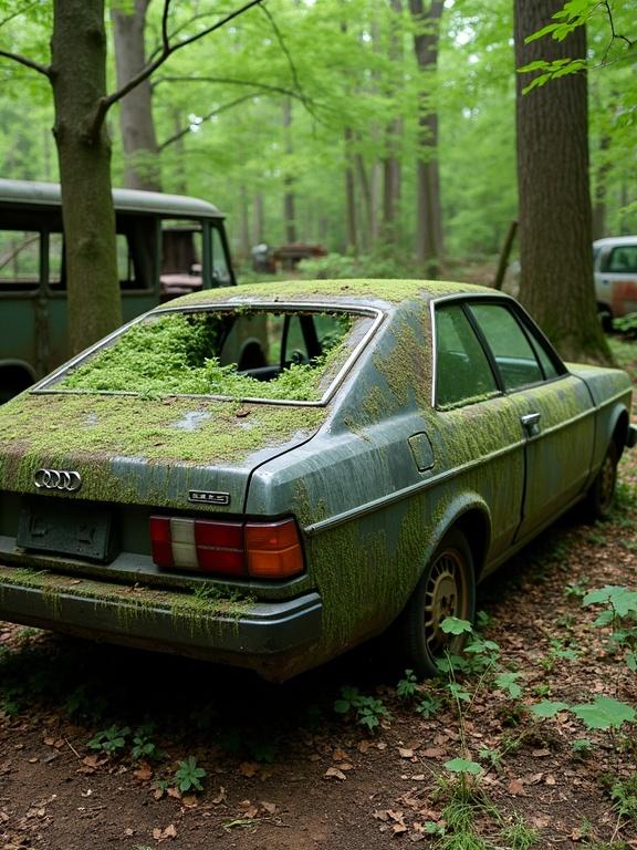 Abandoned car in a forest setting covered in moss and algae. A two-door Audi coupe with a rounded shape shows signs of heavy deterioration. The color is mainly gray with hints of red rust. The car's rear displays the Audi logo with faded taillights. Surrounding trees and debris reflect a natural overgrowth. Other vehicles are partially visible in the background.