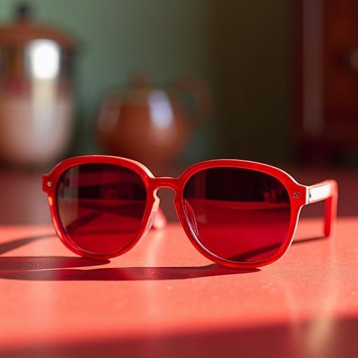 Red sunglasses placed on a table with soft lighting. The focus is on the stylish eyewear. A cozy background is blurred.