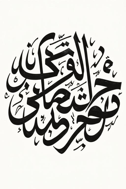 Arabic calligraphy design featuring circular layout. Includes the word daahimah with harakat prominently displayed. Incorporates stylized Arabic letters. Compact composition with intricate details.