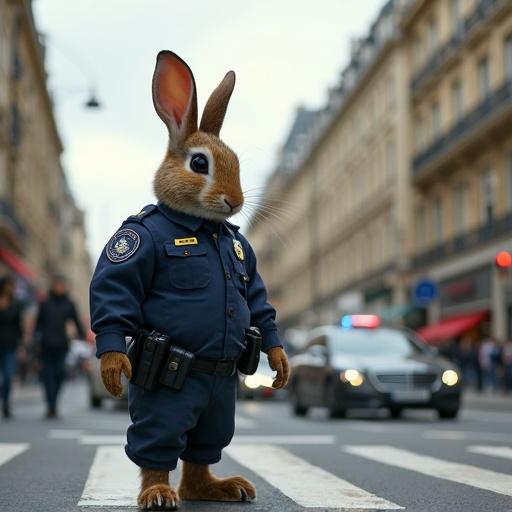 A rabbit wearing a police suit stands in the middle of a crosswalk guiding cars in Paris.