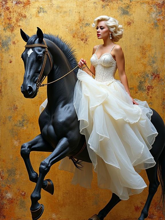 A detailed and whimsical 3D artwork featuring a woman in a flowing white gown riding a majestic black horse. The background has a textured gold finish, giving a luxurious feel. Inspired by various artistic styles and femininity with a hint of the femme fatale allure.