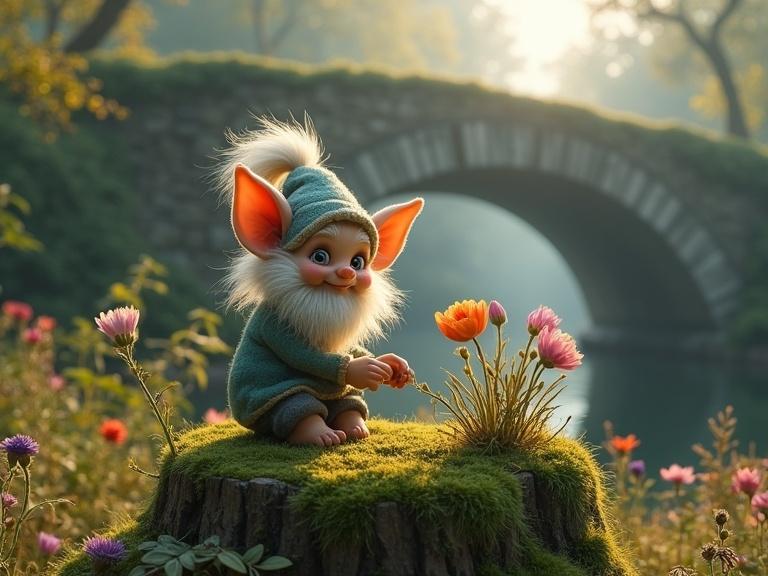 Charming troll tending flowers on a mossy stump under an ancient bridge. Sunlight diffuses through morning haze, creating a magical atmosphere. The troll has a sweet expression and the scene features unusual flowers.