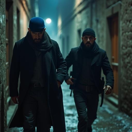 Two men chase a Turkish crime lord in a gritty urban alley at night. They display resolute determination. The setting is dark and atmospheric. They are dressed in black with a focus on their intense expressions.